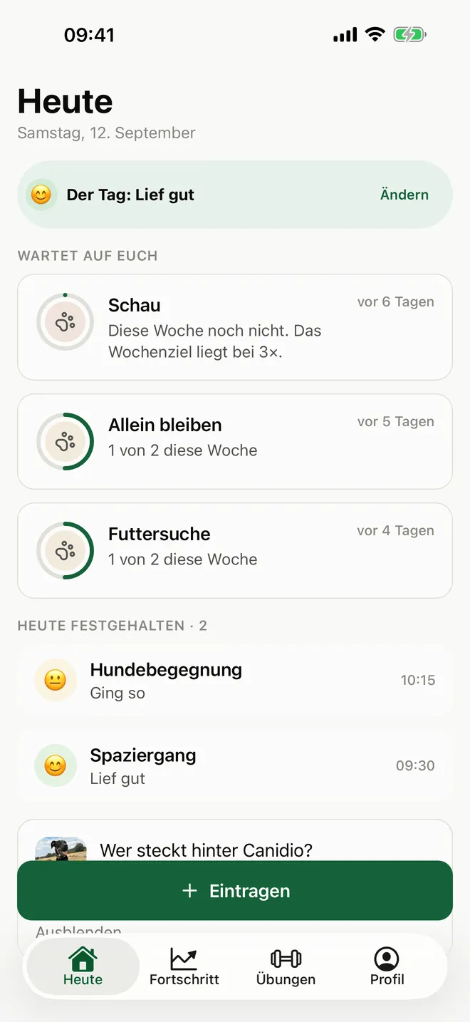 App-Screen: Heute als Tagebuch mit Tages-Eintrag und offenen Übungen