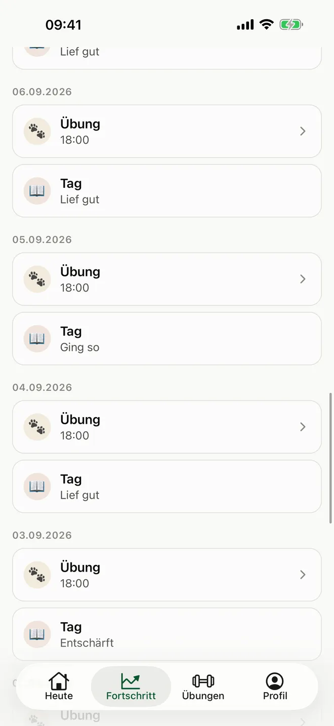 App-Screen: Verlauf mit Einträgen aus mehreren Tagen